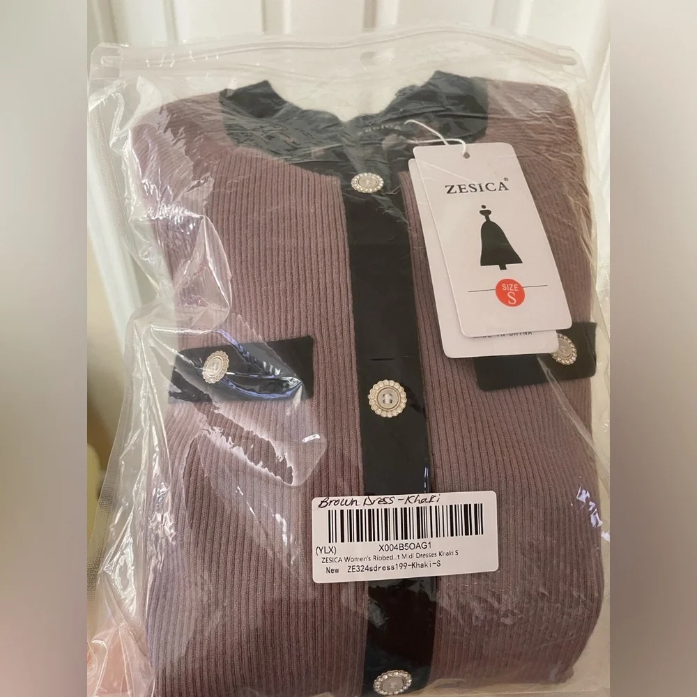 NWT RIB KNIT MIDI DRESS-KHAKI/BLACK-S - Picture 17 of 17